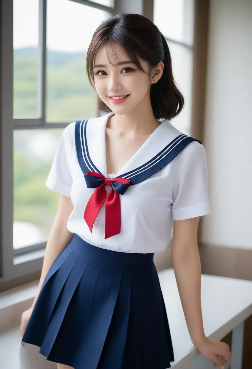 8K, Ultra-high resolution, Highest quality, masterpiece, 三分割法によるphotograph,Surreal, photograph, 1 girl, (16 years old:1.3), pretty girl, Cute face, Beautiful eyes in every detail, 細かくdetailedに,masterpiece,, One Girl:1.2, Japan Female Announcer,whole body、Black Hair、well-groomed eyebrows、Cute Lip Makeup、Calm atmosphere、A short-sleeved shiny dark sailor suit、White sailor collar、Navy blue pleated skirt、Red ribbon、White Stockings、Standing by the window of a classroom、Cute gestures、so beautiful,A carefree smile,Healing the heart,ponytail,Looking at the audience、beauty,Long neck、Laugh a little、Please close your mouth and laugh、(((Ideal body type))),A-cup small breasts :2,、Portraiture:2、Perfect ???????、鮮明なdetailed、detailed、Surreal、Light and shadow,Strong light