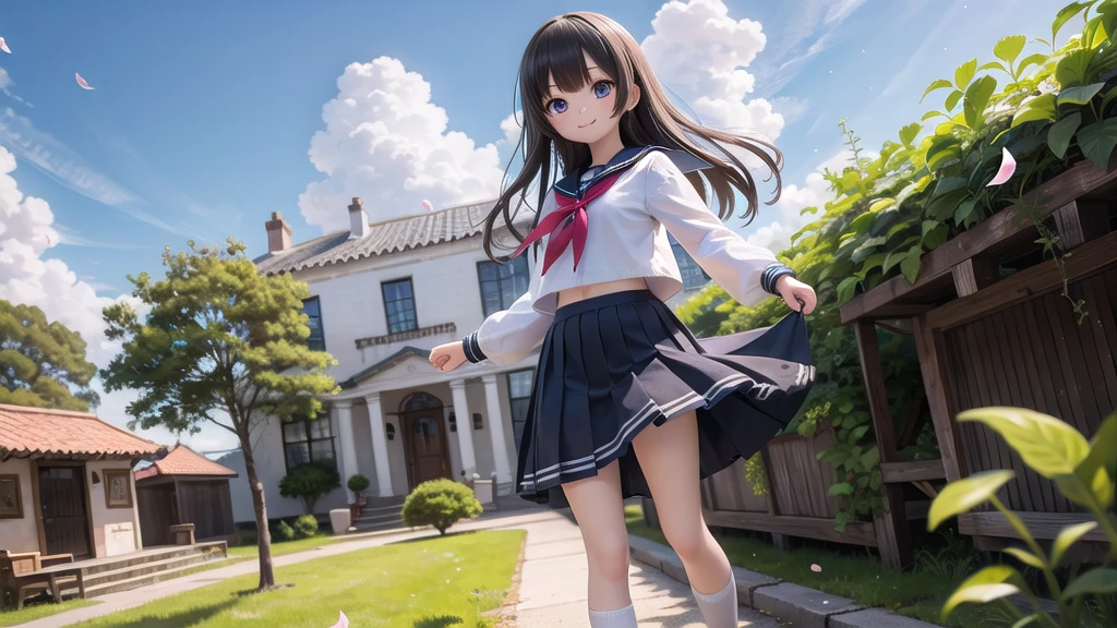 (masterpiece), town, blue sky, One Girl, smile, alone, Sailor suit、Long skirt, Overgrown, petal, plant、Skirt lining、Translucent slip、Nostalgic