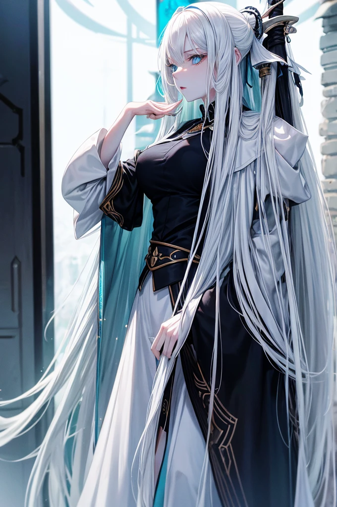 A pale-skinned woman, very long white hair, yeux de chat turquoise !!! long Nodachi, armure en plaque sexy noir !!! {{{{head of'artwork}}}}, {{{super detailed}}}, {{{high resolution}}}, {{good anatomy}}, (((best quality))), ((an extremely delicate and beautiful)), {{an extremely detailed and delicate}}, {Background'8k cg screen}, {{illustration}}