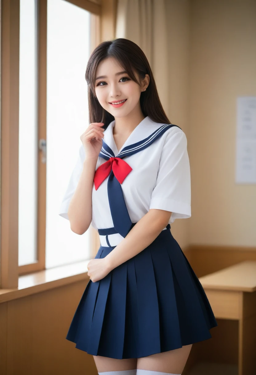 8K, Ultra-high resolution, Highest quality, masterpiece, 三分割法によるphotograph,Surreal, photograph, 1 girl, (16 years old:1.3), pretty girl, Cute face, Beautiful eyes in every detail, 細かくdetailedに,masterpiece,, One Girl:1.2, Japan Female Announcer,whole body、Black Hair、well-groomed eyebrows、Cute Lip Makeup、Calm atmosphere、A short-sleeved shiny dark sailor suit、White sailor collar、Navy blue pleated skirt、Red ribbon、White Stockings、Standing by the window of a classroom、Cute gestures、so beautiful,A carefree smile,Healing the heart,ponytail,Looking at the audience、beauty,Long neck、Laugh a little、Please close your mouth and laugh、(((Ideal body type))),A-cup small breasts :2,、Portraiture:2、Perfect Anatomy、鮮明なdetailed、detailed、Surreal、Light and shadow,Strong light