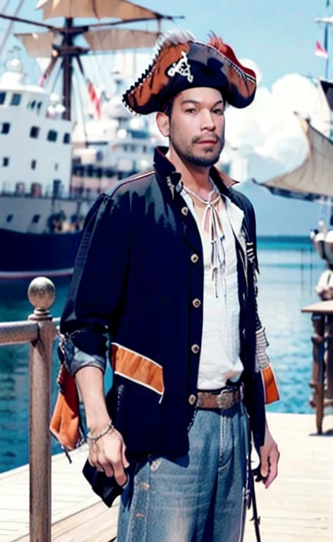 (Best Quality:1.2) a man in pirate clothes on the deck of a ship,