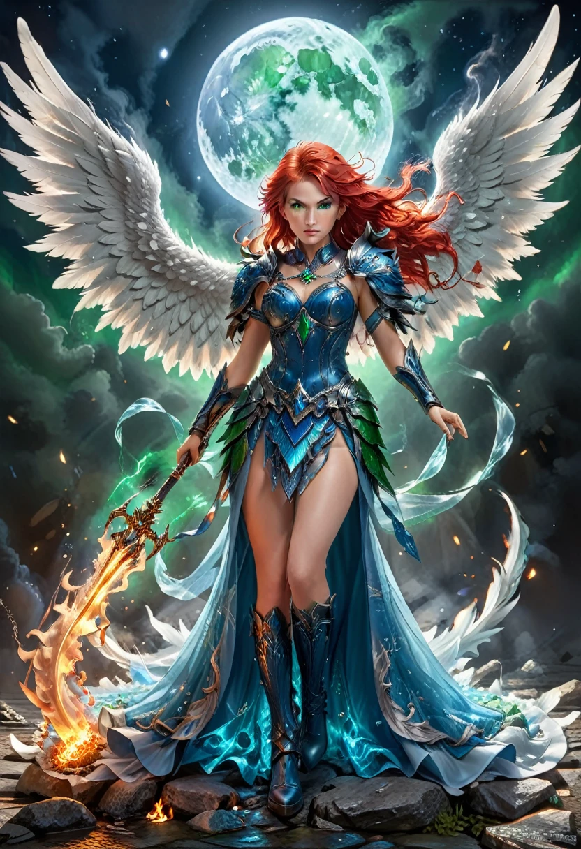 16k, ultra detailed, masterpiece, best quality, (extremely detailed), arafed, dnd art, panoramic view, full body, aasimar, female, (Masterpieceת intense details:1.3), female, sorceress, casting flaming spell(Masterpieceת intense details:1.3) large feathered wings,(white: 1.3) angelic wings spread (Masterpieceת intense details:1.3), fantasy magical heaven background (Masterpieceת intense details:1.3), moon, stars, clouds, wearing (azure: 1.3) armor (Masterpieceת intense details:1.3), high heeled boots (Masterpieceת intense details:1.3), armed with staff, (red hair: 1.4), (green eyes: 1.4), intense eyes, ultra feminine, ultra detailed face, (Masterpieceת intense details:1.5), (anatomically correct: 1.5), determined face, divine light, cinematic lighting, soft light, silhouette, photorealism, panoramic view ((Masterpieceת intense details:1.3) , Wide-Angle, Ultra-Wide Angle, 16k, highres, best quality, faize, 2.5D rendering, evening dress