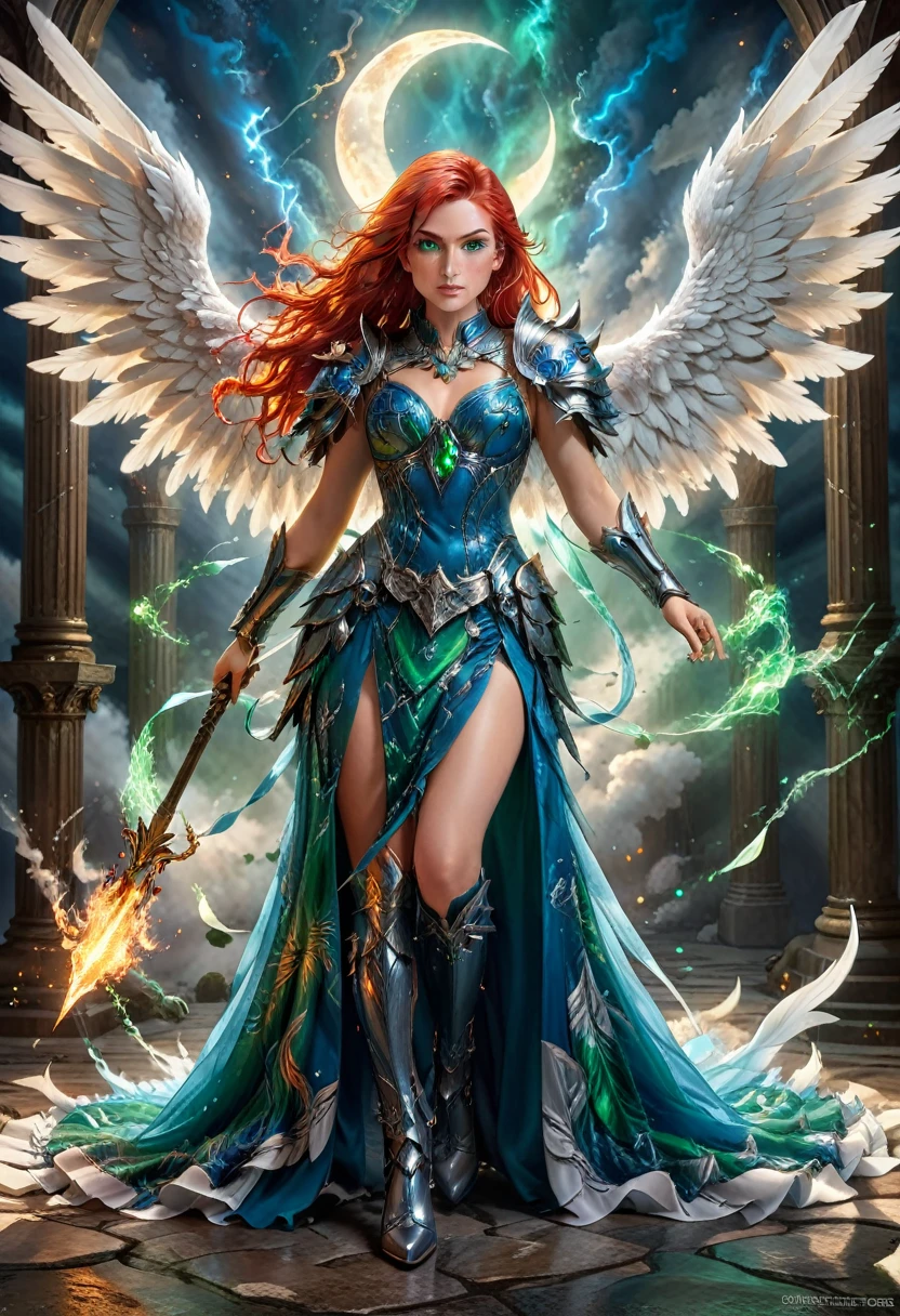 16k, ultra detailed, masterpiece, best quality, (extremely detailed), arafed, dnd art, panoramic view, full body, aasimar, female, (Masterpieceת intense details:1.3), female, sorceress, casting flaming spell(Masterpieceת intense details:1.3) large feathered wings,(white: 1.3) angelic wings spread (Masterpieceת intense details:1.3), fantasy magical heaven background (Masterpieceת intense details:1.3), moon, stars, clouds, wearing (azure: 1.3) armor (Masterpieceת intense details:1.3), high heeled boots (Masterpieceת intense details:1.3), armed with staff, (red hair: 1.4), (green eyes: 1.4), intense eyes, ultra feminine, ultra detailed face, (Masterpieceת intense details:1.5), (anatomically correct: 1.5), determined face, divine light, cinematic lighting, soft light, silhouette, photorealism, panoramic view ((Masterpieceת intense details:1.3) , Wide-Angle, Ultra-Wide Angle, 16k, highres, best quality, faize, 2.5D rendering, evening dress