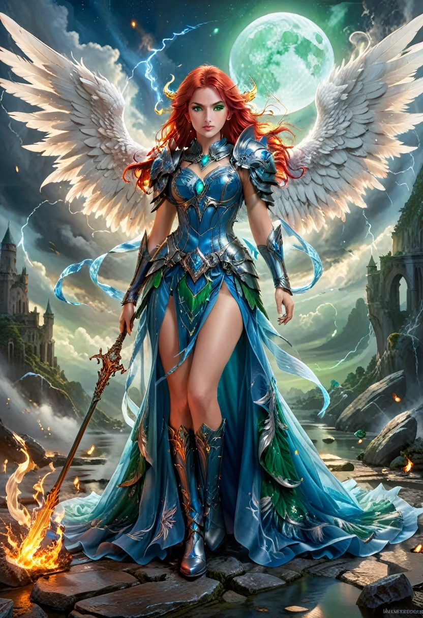 16k, ultra detailed, masterpiece, best quality, (extremely detailed), arafed, dnd art, panoramic view, full body, aasimar, female, (Masterpieceת intense details:1.3), female, sorceress, casting flaming spell(Masterpieceת intense details:1.3) large feathered wings,(white: 1.3) angelic wings spread (Masterpieceת intense details:1.3), fantasy magical heaven background (Masterpieceת intense details:1.3), moon, stars, clouds, wearing (azure: 1.3) armor (Masterpieceת intense details:1.3), high heeled boots (Masterpieceת intense details:1.3), armed with staff, (red hair: 1.4), (green eyes: 1.4), intense eyes, ultra feminine, ultra detailed face, (Masterpieceת intense details:1.5), (anatomically correct: 1.5), determined face, divine light, cinematic lighting, soft light, silhouette, photorealism, panoramic view ((Masterpieceת intense details:1.3) , Wide-Angle, Ultra-Wide Angle, 16k, highres, best quality, faize, 2.5D rendering, evening dress