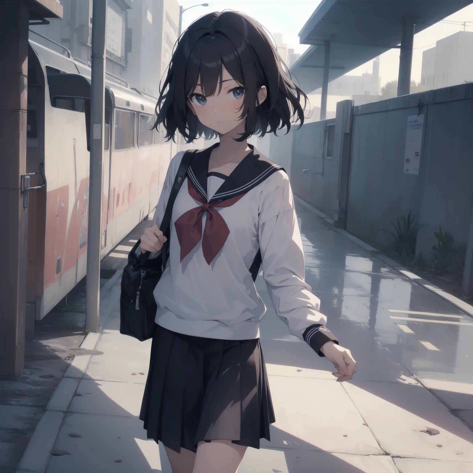 ultra-absurdres-Top quality by artist God, ultra-detailed, high resolution, anime moe artstyle, best anime 8k konachan wallpaper, pixiv contest winner, pool:2810, perfect anatomy,break, 1girl, (Please draw a girl walking sleepily to school alone. )break,(Solo,little female, 13-year-old:1.3),Full limbs, complete fingers,a junior high school student, (very short hair), short cut, flat chest, , small butt, small black eyes, beautiful detailed eyes, well-proportioned iris and pupils, expressive eyes, highres detailed hair, soft expression, salor school_uniform, sailor collar, serahuku, bow, pleated skirt,(Detailed Lighting), (Detailed background), in the School commute route. break,super detailed skin, Best cinematic lighting powered by famous artist, 8k,beauty illustration,photoshop_(medium),very aesthetic,break,((artist:saiguchi_otoufu )), artist:clamp ,artist:carnelian ,artist:kantoku ,
