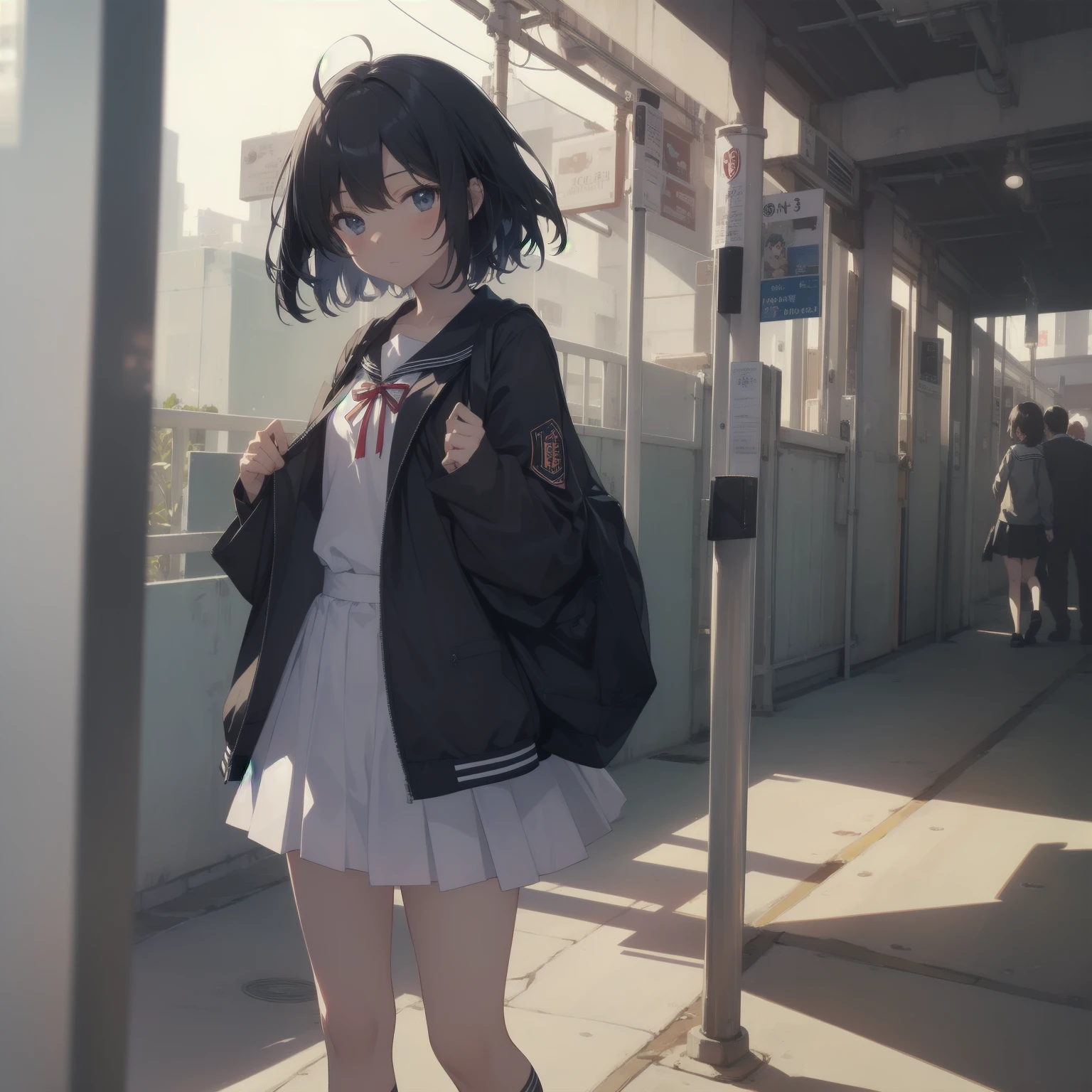 ultra-absurdres-Top quality by artist God, ultra-detailed, high resolution, anime moe artstyle, best anime 8k konachan wallpaper, pixiv contest winner, pool:2810, perfect anatomy,break, 1girl, (Please draw a girl walking sleepily to school alone. )break,(Solo,little female, 13-year-old:1.3),Full limbs, complete fingers,a junior high school student, (very short hair), short cut, flat chest, , small butt, small black eyes, beautiful detailed eyes, well-proportioned iris and pupils, expressive eyes, highres detailed hair, soft expression, salor school_uniform, sailor collar, serahuku, bow, pleated skirt,(Detailed Lighting), (Detailed background), in the School commute route. break,super detailed skin, Best cinematic lighting powered by famous artist, 8k,beauty illustration,photoshop_(medium),very aesthetic,break,((artist:saiguchi_otoufu )), artist:clamp ,artist:carnelian ,artist:kantoku ,
