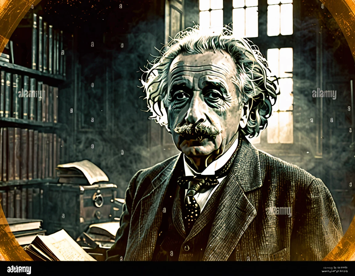 scientist Albert Einstein looking to the side with great anger, a rare moment of intense anger asking for silence with a finger in his mouth,, mysterious, against the backdrop of a dimly lit large hall with imposing and foreboding windows shrouded in fog, casting a mysterious and mystical environment, as if the shadows themselves were about to reveal a sinister secret, with a warm, muted color palette of burnt oranges, faded golds and dusty blues, evoking a sense of aged and forgotten knowledge, surrounded by scattered tomes and dusty and ancient scientific instruments, bathed in a warm, soft glow. vintage retrocore, daguerrotype,, photo, cinematic