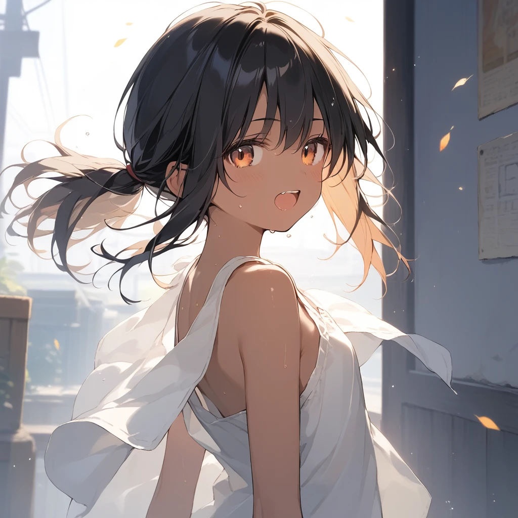 score_9, score_8_up, score_7_up, source_anime, best quality, masterpiece, official art, absurdres, highres, ultra-detailed,waifu2x,Collection: Slice of Life,break,1girl, tomboy, dark-skinned female, short hair, low ponytail, flat chest, beautiful detailed eyes, short shorts, sweat, open mouth, (yawn:0.3), sleepily, outdoors, wind, break,(clear line illustration:1.2),very high resolution, very aesthetic, super detailed skin, Best sexual lighting powered by famous artist, 8k,cute picture,beauty illustration,photoshop_(medium),,(Detailed Lighting),best anime 8k konachan wallpaper, pixiv contest winner,