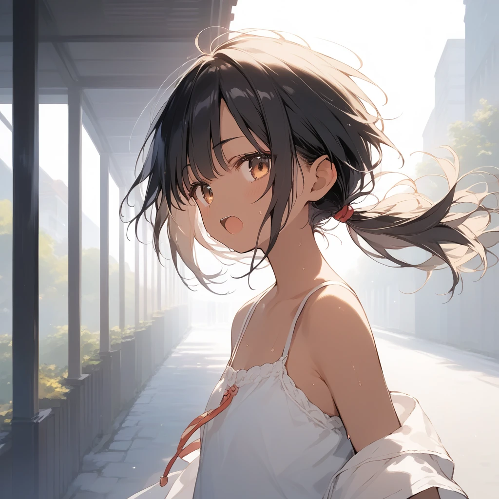 score_9, score_8_up, score_7_up, source_anime, best quality, masterpiece, official art, absurdres, highres, ultra-detailed,waifu2x,Collection: Slice of Life,break,1girl, tomboy, dark-skinned female, short hair, low ponytail, flat chest, beautiful detailed eyes, short shorts, sweat, open mouth, (yawn:0.3), sleepily, outdoors, wind, break,(clear line illustration:1.2),very high resolution, very aesthetic, super detailed skin, Best sexual lighting powered by famous artist, 8k,cute picture,beauty illustration,photoshop_(medium),,(Detailed Lighting),best anime 8k konachan wallpaper, pixiv contest winner,