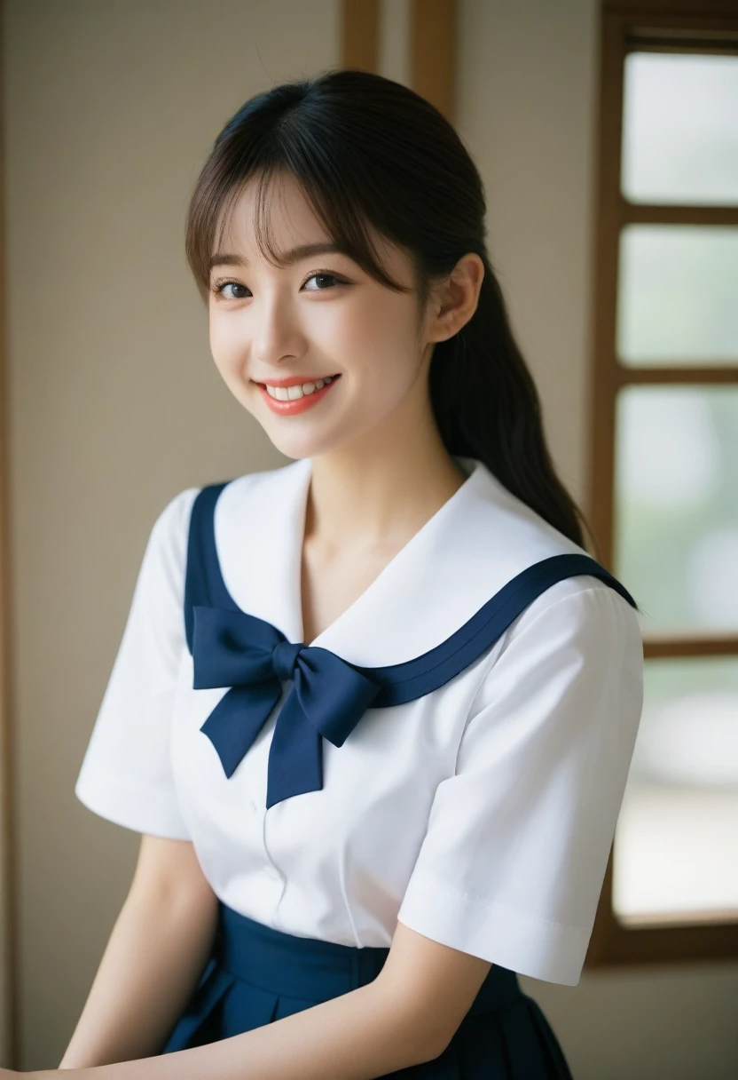 8K, Ultra-high resolution, Highest quality, masterpiece, 三分割法によるphotograph,Surreal, photograph, 1 girl, (:1.3), pretty girl, Cute face, Beautiful eyes in every detail, 細かくdetailedに,masterpiece,, One Girl:1.2, Japan Female Announcer,whole body、Black Hair、well-groomed eyebrows、Cute Lip Makeup、Calm atmosphere、A short-sleeved shiny dark sailor suit、White sailor collar、Navy blue pleated skirt、Red ribbon、White Stockings、Standing by the window of a classroom、Cute gestures、so beautiful,A carefree smile,Healing the heart,ponytail,Looking at the audience、beauty,Long neck、Laugh a little、Please close your mouth and laugh、(((Ideal body type))),A-cup small breasts :2,、Portraiture:2、Perfect Anatomy、鮮明なdetailed、detailed、Surreal、Light and shadow,Strong light