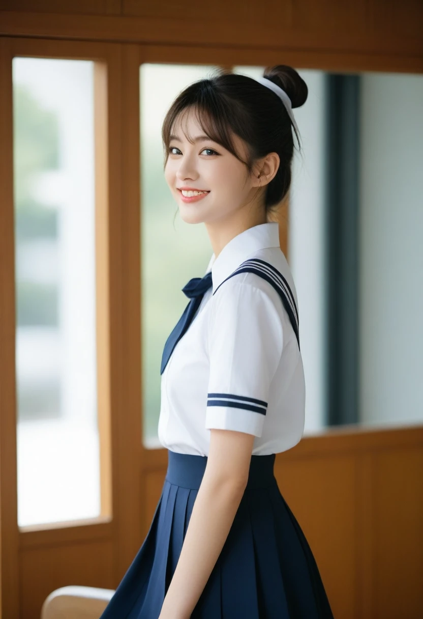 8K, Ultra-high resolution, Highest quality, masterpiece, 三分割法によるphotograph,Surreal, photograph, 1 girl, (:1.3), pretty girl, Cute face, Beautiful eyes in every detail, 細かくdetailedに,masterpiece,, One Girl:1.2, Japan Female Announcer,whole body、Black Hair、well-groomed eyebrows、Cute Lip Makeup、Calm atmosphere、A short-sleeved shiny dark sailor suit、White sailor collar、Navy blue pleated skirt、Red ribbon、White Stockings、Standing by the window of a classroom、Cute gestures、so beautiful,A carefree smile,Healing the heart,ponytail,Looking at the audience、beauty,Long neck、Laugh a little、Please close your mouth and laugh、(((Ideal body type))),A-cup small breasts :2,、Portraiture:2、Perfect Anatomy、鮮明なdetailed、detailed、Surreal、Light and shadow,Strong light