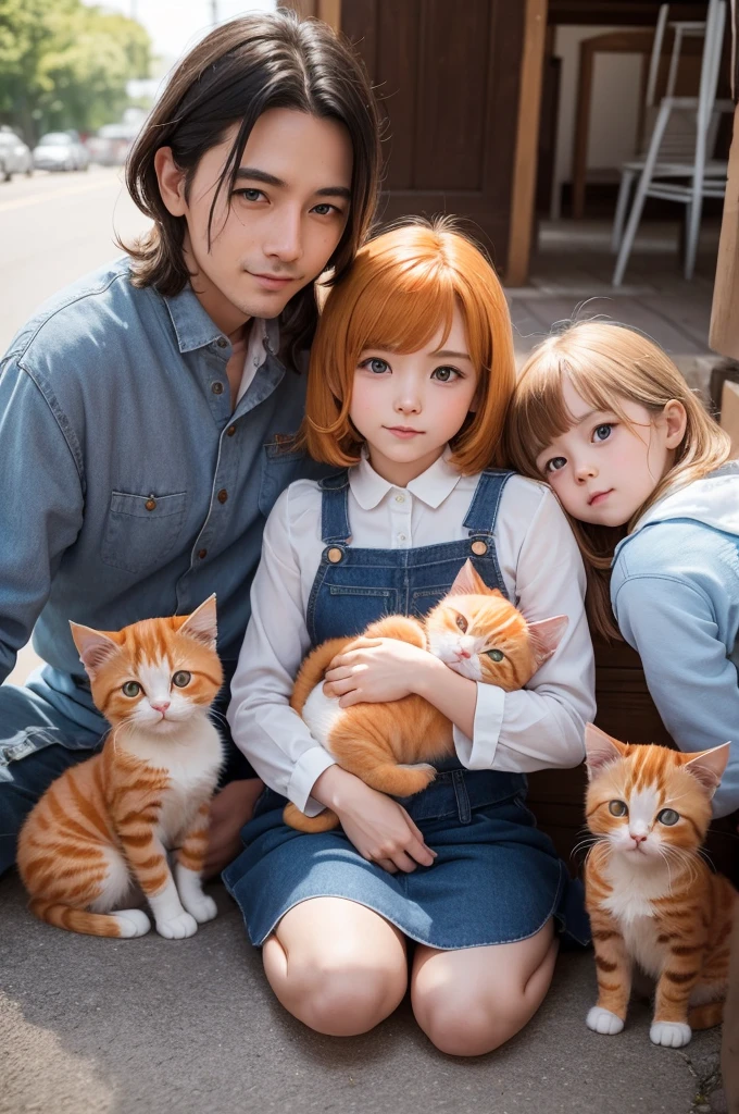In a small town there lived an adorable family of kittens. Mommy Meow, daddy Mr. Beni and the radiant kitten Bili.
Bili had shiny hair like the sun and eyes as big as the moon., the three orange cats.