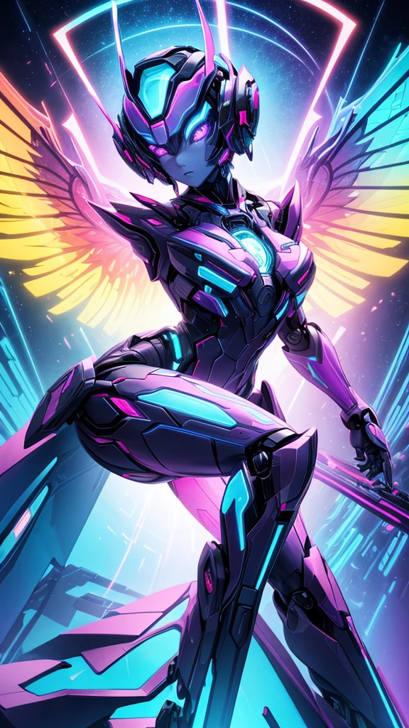 image features a central figure that appears to be a humanoid robot, adorned with intricate designs. The robot has blue and teal wings that emit an intense glow., Creating an imposing presence. The background is a striking contrast of deep purples and vibrant pinks., with neon accents highlighting the shape of the figure. Above the robot's head, there is a halo-like circle, emitting a soft pink glow, connected by two vertical lines to another luminous ring that surrounds the figure's torso. These rings appear to be part of an ethereal energy source that powers the robot.. The overall atmosphere of the image is one of futuristic elegance and otherworldly grace..
This visual composition is striking, with vibrant colors and dynamic lighting, creating an aura of mystery and advanced technology. May be interesting or relevant for projects related to science fiction themes, cybernetic enhancements or futuristic fantasy concepts.