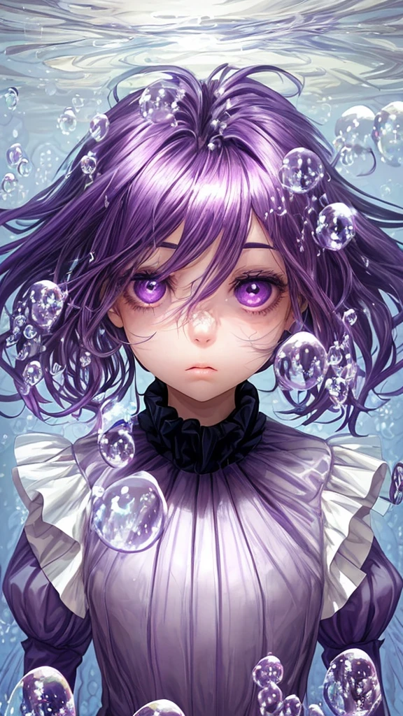 standing alone, 1 girl, purples eyes, cabelo roxo, bubble, gazing at viewer, portraite, half-closed eyes, shorth hair, cloused mouth,shiny bubbles,bubbles, colour shining in bubble, reflective bubbles,bubbles ,bubbles all around, turning into bubble