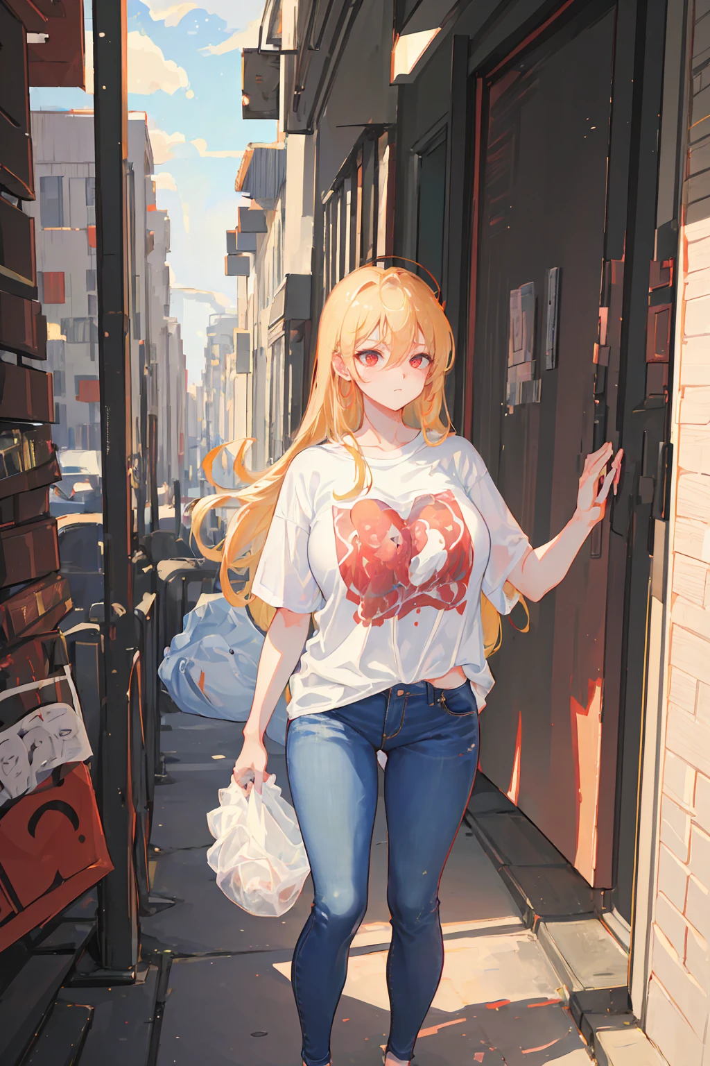 (Best quality: 1.5), (masterpiece: 1.5), (character in the center), (absurdity), (4k wallpaper), (detailed eyes), (pretty eyes), (perfect hands), (perfect fingers ), (Beautiful skin), (perfect body), (good proportions), (perfect shadows), (full body), (perfect light), (detailed eyes), (detailed face), (masterpiece), (voluptuous body ), (perfect anatomy), adult woman, milf, mature woman, long blonde hair, red eyes, wears jeans and a t-shirt, angry face and blushes with shame, has a wedding ring on her left hand, huge breasts, oppai, huge thighs, perfect thighs, she is standing outside the door of her apartment saying goodbye to her husband with her son, a  boy, behind her