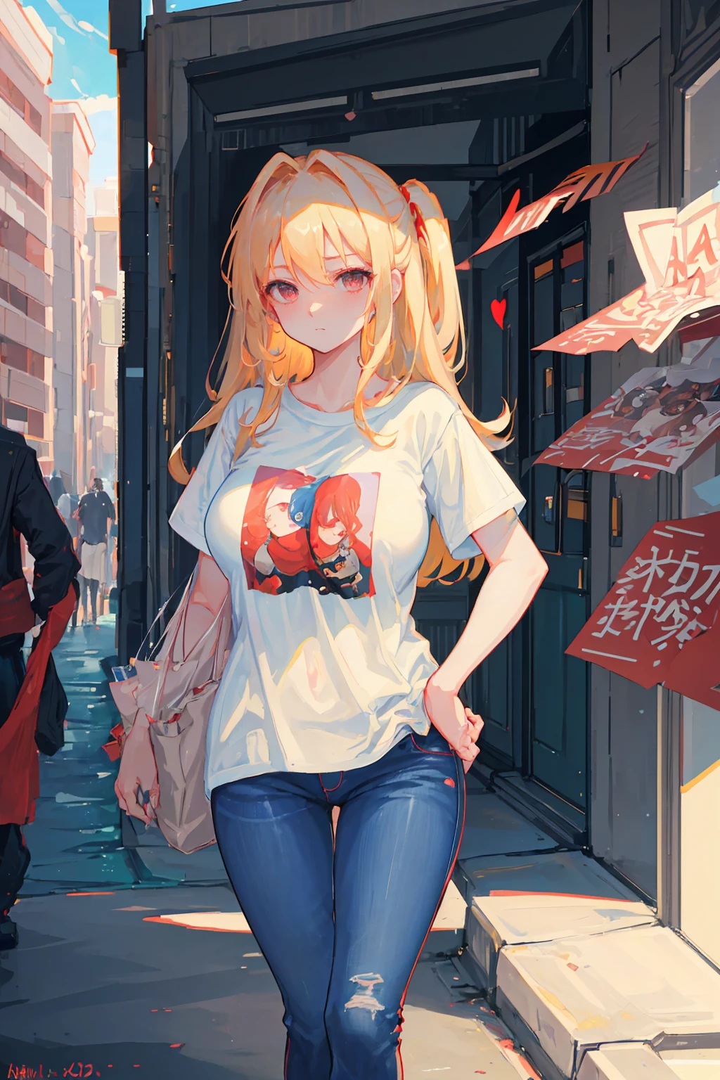 (Best quality: 1.5), (masterpiece: 1.5), (character in the center), (absurdity), (4k wallpaper), (detailed eyes), (pretty eyes), (perfect hands), (perfect fingers ), (Beautiful skin), (perfect body), (good proportions), (perfect shadows), (full body), (perfect light), (detailed eyes), (detailed face), (masterpiece), (voluptuous body ), (perfect anatomy), adult woman, milf, mature woman, long blonde hair, red eyes, wears jeans and a t-shirt, angry face and blushes with shame, has a wedding ring on her left hand, huge breasts, oppai, huge thighs, perfect thighs, she is standing outside the door of her apartment saying goodbye to her husband with her son, a  boy, behind her