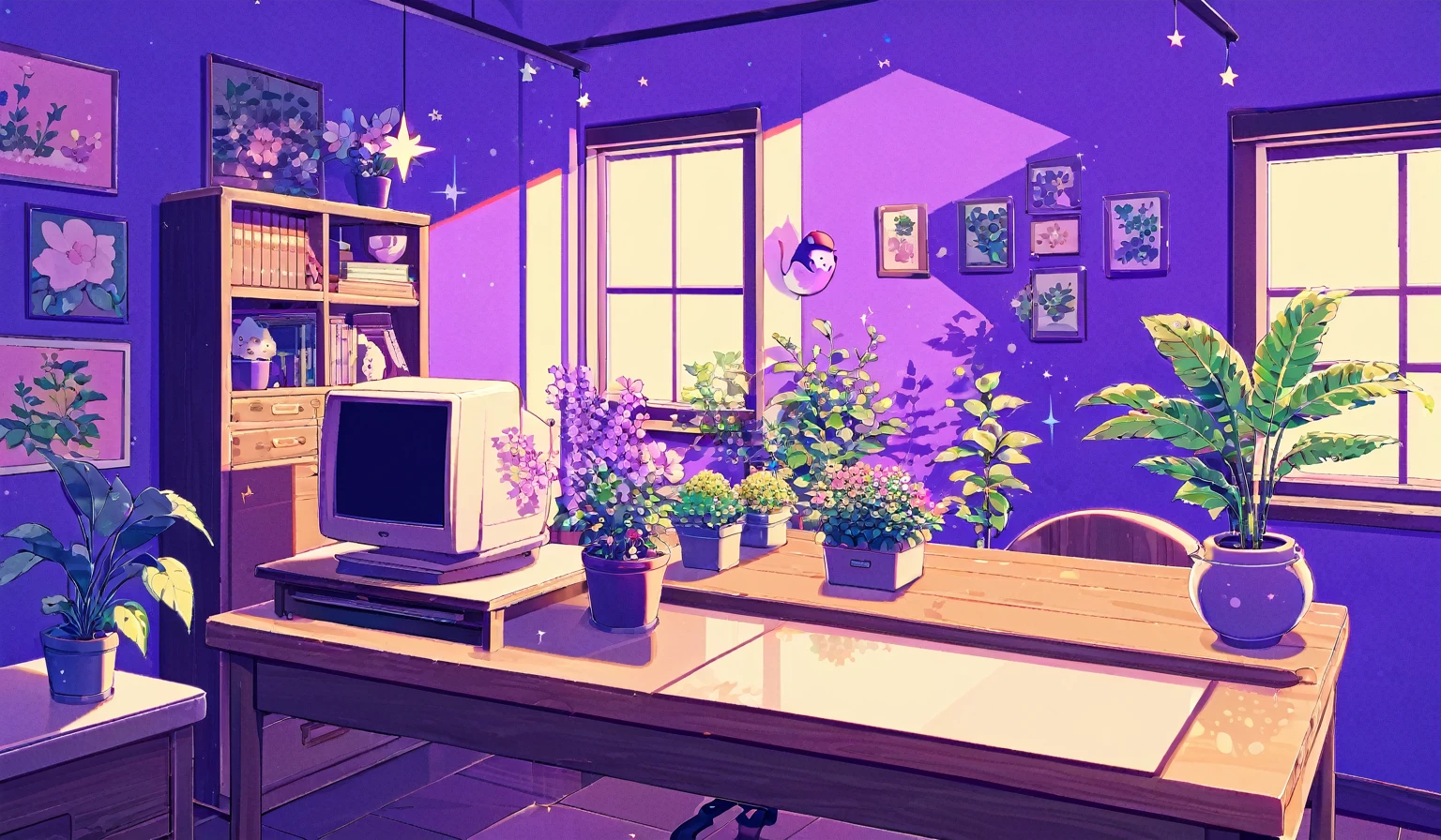 kawaii, flower in a vase, indoors, no humans, window, shadow, plant, purple background, old computer monitor on a wooden desk, halftone, purple theme, anime screencap style, sparkle effects,