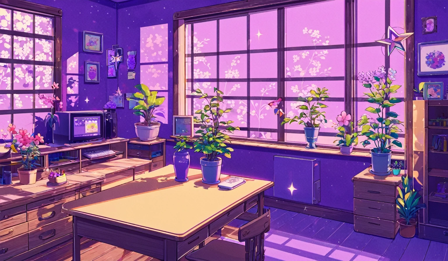 kawaii, flower in a vase, indoors, no humans, window, shadow, plant, purple background, old computer monitor on a wooden desk, halftone, purple theme, anime screencap style, sparkle effects,