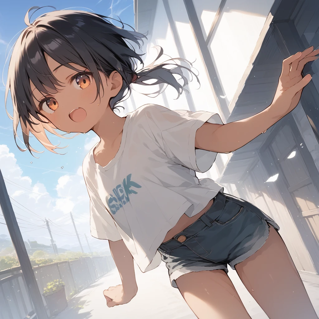 score_9, score_8_up, score_7_up, source_anime, best quality, masterpiece, official art, absurdres, highres, ultra-detailed,waifu2x,Collection: Slice of Life,break,1girl, tomboy, dark-skinned female, short hair, low ponytail, flat chest, beautiful detailed eyes, short shorts, sweat, open mouth, (yawn:0.3), sleepily, outdoors, wind, break,(clear line illustration:1.2),very high resolution, very aesthetic, super detailed skin, Best sexual lighting powered by famous artist, 8k,cute picture,beauty illustration,photoshop_(medium),,(Detailed Lighting),best anime 8k konachan wallpaper, pixiv contest winner,