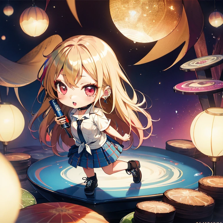 (chibi:1.5), full body, (masterpiece), highest quality, kitagawa marin, 1girl, blonde hair, long hair, multicolored hair, red eyes, jewelry, earrings, piercing, white shirt, tied shirt, black choker, blue necktie, plaid skirt