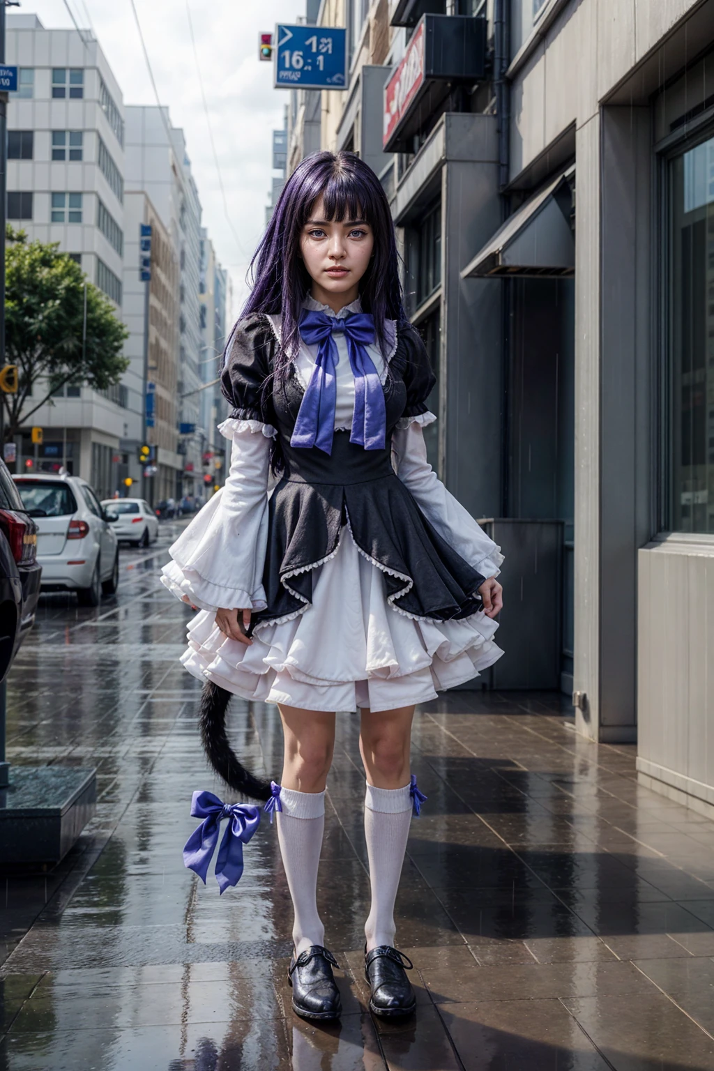 (masterpiece),best quality, frederica bernkastel,dress, tail bow, cat tail, bowtie, purple eyes, purple hair,mary janes, socks, blank eyes, empty eyes, (raining day:1.2), cloud, street, sidewalk, wet clothes, photorealistic, ((16k photography)), detailed face, ((Best Quality, Masterpiece: 1.3)), Sharp Focus: 1.2, A Beautiful Woman with Perfect Figure: 1.4, Slim Abs: 1.2, (Layered Hairstyle,: 1.2)), Rain: 1.3, Street: 1.2, Wet Body: 1.1, Highly Detailed Face and Skin Texture, Detailed Eyes, Double Eyelids, Big Breasts, Smile, irene1, CGI photography hyper realistic