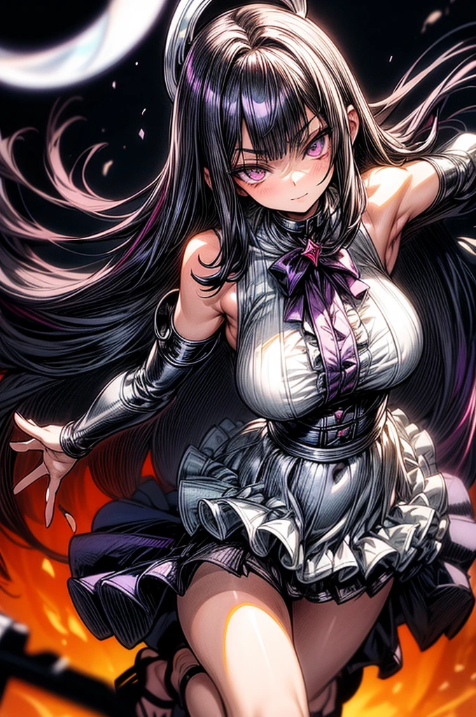 beautiful young anime girl, 16 years old, oval face, slender and toned hourglass body shape, sharp and noble facial features, arrogant and disdainful expression, classy opulent bedroom, sleeveless gothic white ruffled blouse, gothic pleated A-line mini-skirt flaring out behind her, tanned white skin, plump cherry pink lips, thin eyebrows, big round violet-colored eyes, sleek short sleek dark-violet hair with American Pixie cut and small bangs covering her forehead, narrow waist, small wide curvy hips protruding to large perky round ass, sandals, modest C-cup breast size, tall 175cm, full body image, standing straight, looking at camera, hip level shot, huge European castle background, best quality