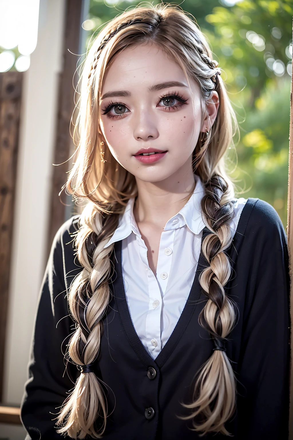 Realistic, masterpiece, Highest quality, Highest Resolution, High Detail, Soft Light, Professional Lighting, Backlight, Film Grain, The background is blurred, Japanese , (The subject was photographed from below, The subject does not look at the camera:1.3), 16 years old, Upper body photo, Looks sleepy, inattention, Grinning, Open your mouth, Beautiful and detailed eye drawing, (Droopy eyes:1.3), Dark Eyes, Thin eyebrows, Draw eyelashes carefully, Eyelash extensions, Gal Makeup, Orange Cheek, (White brown wavy hair, Mid-length hair, Braid, middle part:1.3), (Hidden eyelid wrinkles:1.3), (Gothic summer school uniform:1.3), (Summer forest:1.3)