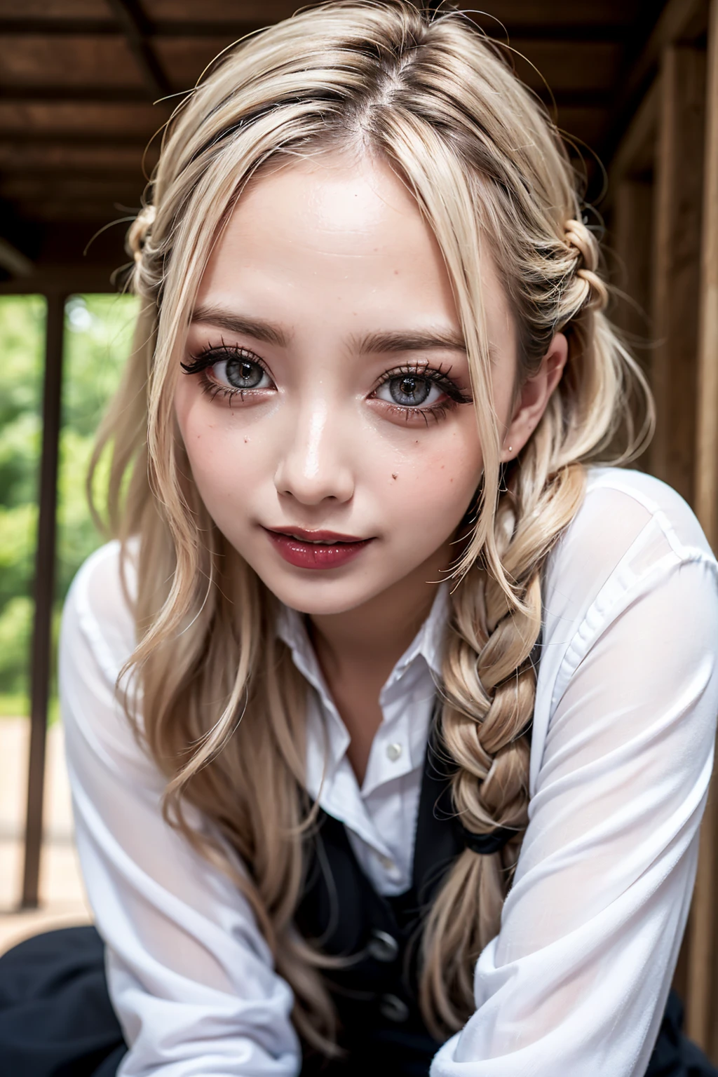 Realistic, masterpiece, Highest quality, Highest Resolution, High Detail, Soft Light, Professional Lighting, Backlight, Film Grain, The background is blurred, Japanese , (The subject was photographed from below, The subject does not look at the camera:1.3), 16 years old, Upper body photo, Looks sleepy, inattention, Grinning, Open your mouth, Beautiful and detailed eye drawing, (Droopy eyes:1.3), Dark Eyes, Thin eyebrows, Draw eyelashes carefully, Eyelash extensions, Gal Makeup, Orange Cheek, (White brown wavy hair, Mid-length hair, Braid, middle part:1.3), (Hidden eyelid wrinkles:1.3), (Gothic summer school uniform:1.3), (Summer forest:1.3)