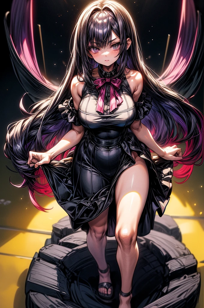 beautiful young anime girl, 16 years old, oval face, slender and toned hourglass body shape, sharp and noble facial features, arrogant and disdainful expression, classy opulent bedroom, sleeveless gothic white ruffled blouse, gothic pleated A-line mini-skirt flaring out behind her, tanned white skin, plump cherry pink lips, thin eyebrows, big round violet-colored eyes, sleek short sleek dark-violet hair with American Pixie cut and small bangs covering her forehead, narrow waist, small wide curvy hips protruding to large perky round ass, sandals, modest C-cup breast size, tall 175cm, full body image, standing straight, looking at camera, hip level shot, huge European castle background, best quality