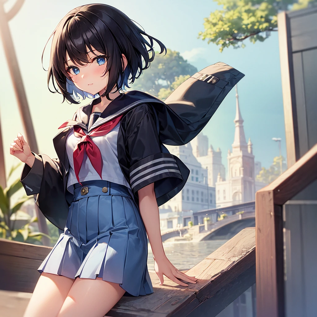 one girl, black hair, short hair, blue eyes, high school student, naive, boyish, sailor uniform, neckerchief