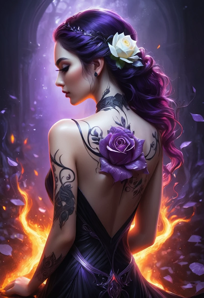 Arafed, Dark fantasy art, fantasy art, goth art, a picture of a tattoo on the back of a female elf, a glowing tattoo of a ((white rose: 1.3)) on the elf's back, the ((rose tattoo)) is vivid, intricate detailed coming to life from the ink to real life, GlowingRunesAI_purple, ((fire surrounds the rose petals: 1.5)), shoot taken from the back, ((the back is visible: 1.3), she wears a transparent black dress, the dress is elegant, flowing, elven style, that the tattoos glow, dynamic hair color, dynamic hair style, faize,, Digital Painting