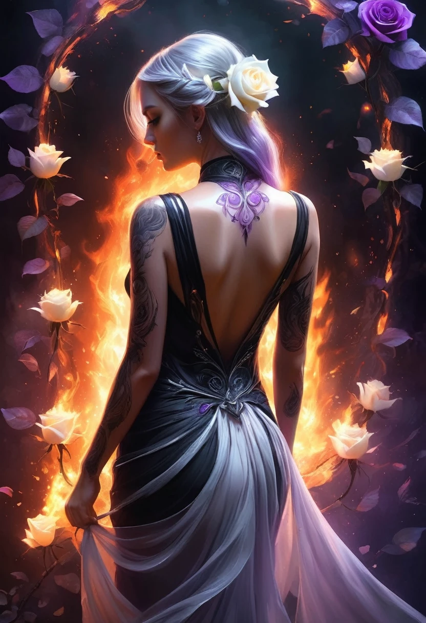 Arafed, Dark fantasy art, fantasy art, goth art, a picture of a tattoo on the back of a female elf, a glowing tattoo of a ((white rose: 1.3)) on the elf's back, the ((rose tattoo)) is vivid, intricate detailed coming to life from the ink to real life, GlowingRunesAI_purple, ((fire surrounds the rose petals: 1.5)), shoot taken from the back, ((the back is visible: 1.3), she wears a transparent black dress, the dress is elegant, flowing, elven style, that the tattoos glow, dynamic hair color, dynamic hair style, faize,, Digital Painting