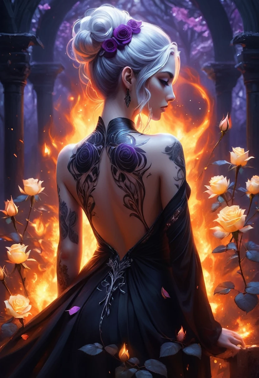 Arafed, Dark fantasy art, fantasy art, goth art, a picture of a tattoo on the back of a female elf, a glowing tattoo of a ((white rose: 1.3)) on the elf's back, the ((rose tattoo)) is vivid, intricate detailed coming to life from the ink to real life, GlowingRunesAI_purple, ((fire surrounds the rose petals: 1.5)), shoot taken from the back, ((the back is visible: 1.3), she wears a transparent black dress, the dress is elegant, flowing, elven style, that the tattoos glow, dynamic hair color, dynamic hair style, faize,, Digital Painting