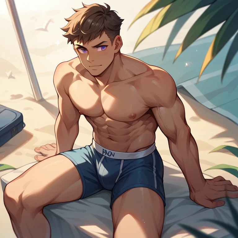 handsome age boy with dark brown hair and violet eyes on the beach with his handsome blonde curly blue-eyed boyfriend in dark blue boxer briefs