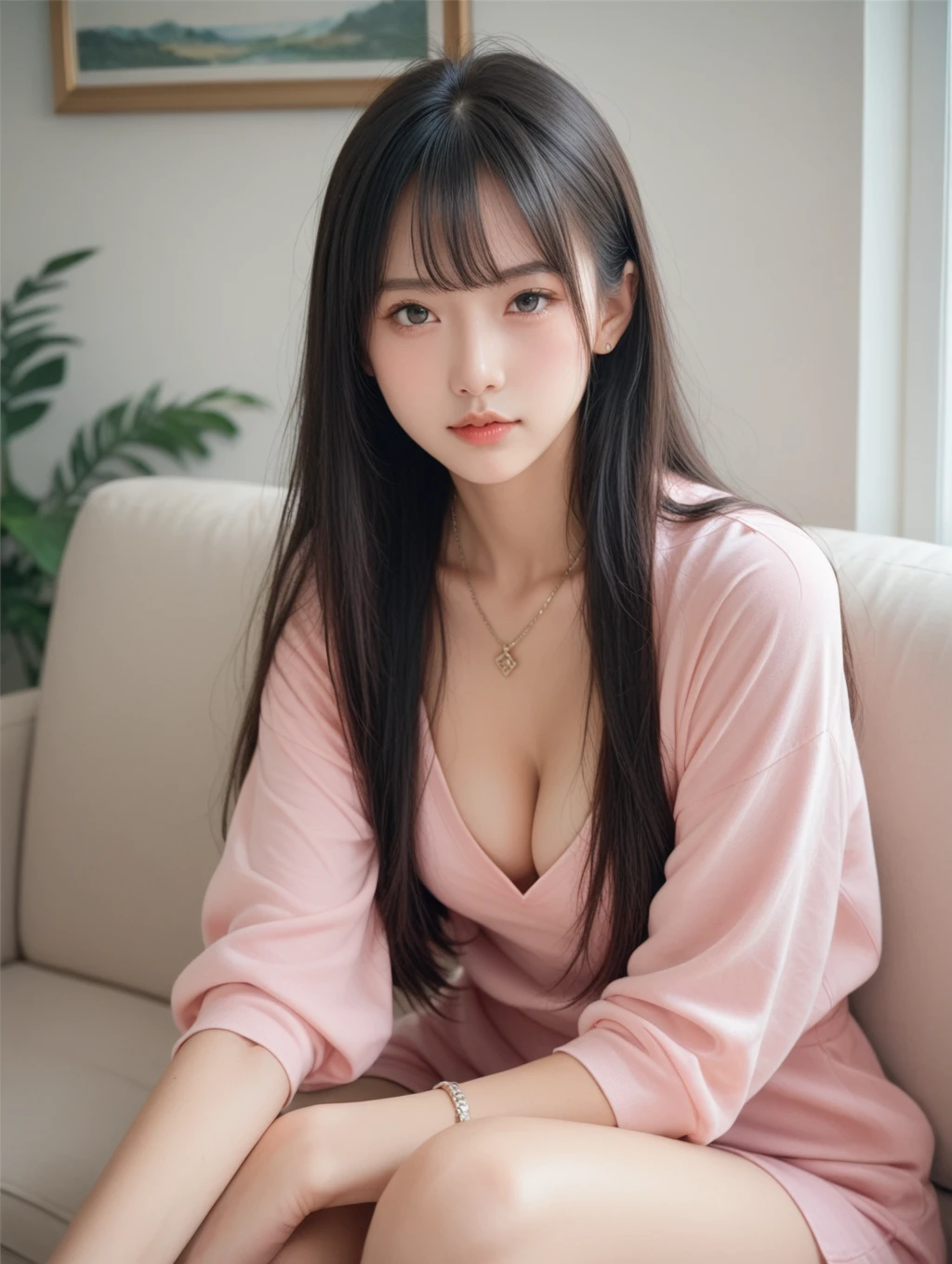 1girl, long hair, black hair, bangs, sitting, indoors, sofa, necklace, cleavage, pink shirt, looking at viewer