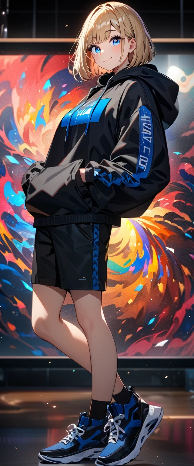 (((One girl))), blond hair, bob cut, (looking at viewer), breasts, teenager, head tilt:1.3, (((blue eye))), (from side), hand in pocket, ((happy smile)), black hoodie, black shorts, dark high cut sneakers, black ankle socks, anime style, (best quality, 4k, 8k, highres, masterpiece:1.2, ultra-detailed, ultra-detailed eyes, HDR, UHD, studio lighting, ultra-fine painting, sharp focus, physically-based rendering, extreme detail description, professional, vivid colors, bokeh)