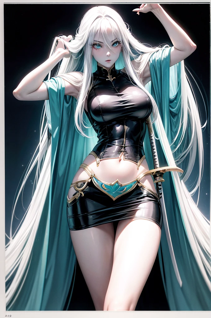 A pale-skinned woman, very long white hair, yeux de chat turquoise !!! long katana, armure en plaque sexy noir !!! {{{{head of'artwork}}}}, {{{super detailed}}}, {{{high resolution}}}, {{good anatomy}}, (((best quality))), ((an extremely delicate and beautiful)), {{an extremely detailed and delicate}}, {Background'8k cg screen}, {{illustration}}