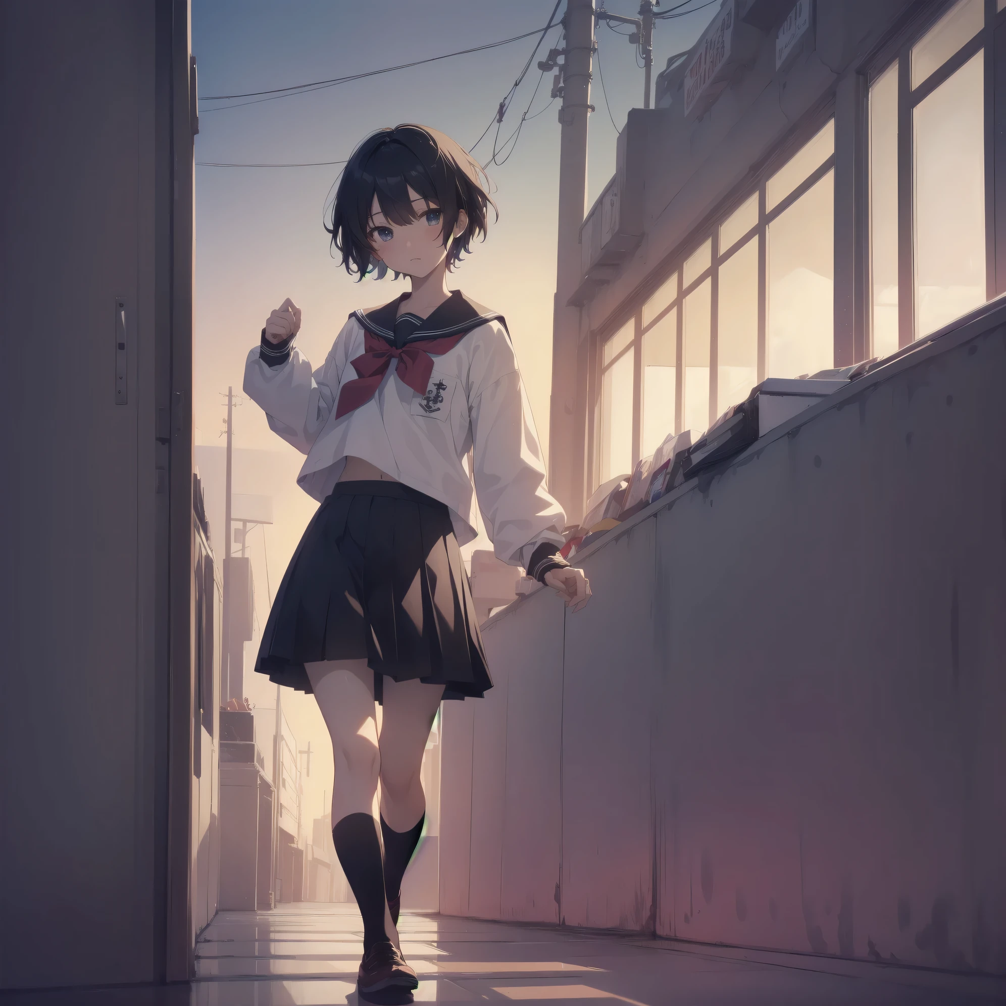 ultra-absurdres-Top quality by artist God, ultra-detailed, high resolution, anime moe artstyle, best anime 8k konachan wallpaper, pixiv contest winner, pool:2810, perfect anatomy,break, 1girl, (Please draw a girl walking sleepily to school alone. )break,(Solo,little female, 13-year-old:1.3),Full limbs, complete fingers,a junior high school student, (very short hair), short cut, flat chest, , small butt, small black eyes, beautiful detailed eyes, well-proportioned iris and pupils, expressive eyes, highres detailed hair, soft expression, salor school_uniform, sailor collar, serahuku, bow, pleated skirt,(Detailed Lighting), (Detailed background), in the School commute route. break,super detailed skin, Best cinematic lighting powered by famous artist, 8k,beauty illustration,photoshop_(medium),very aesthetic,break,((artist:saiguchi_otoufu )), artist:clamp ,artist:carnelian ,artist:kantoku ,