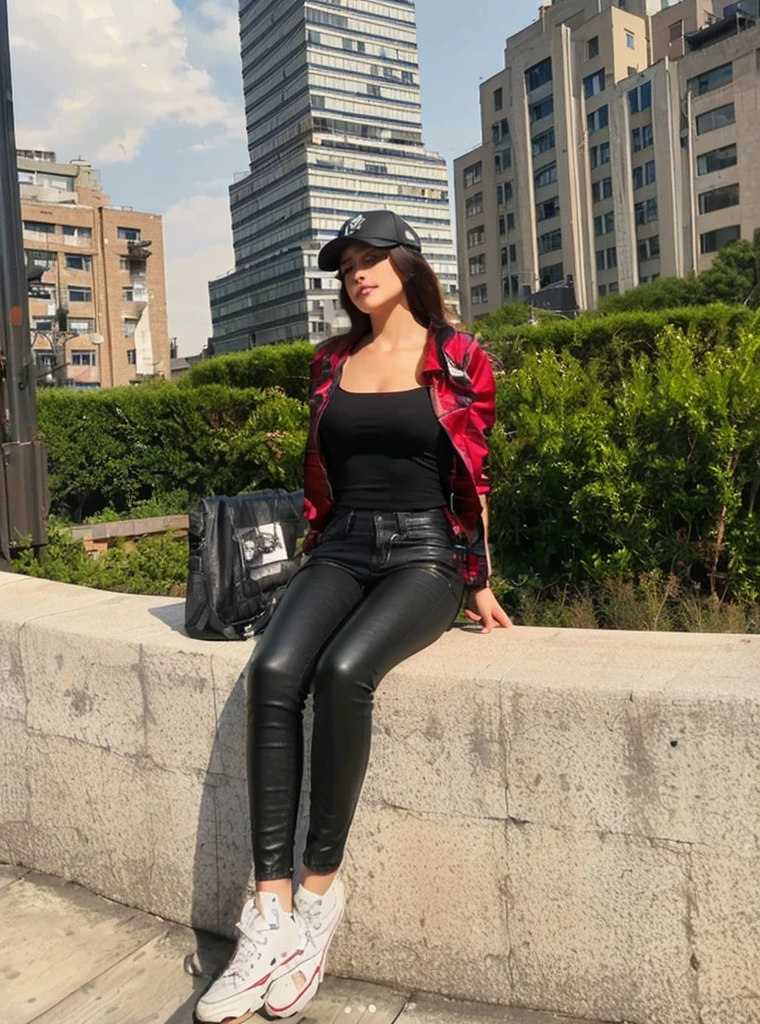 Pretty woman sitting on a wall wearing a baseball cap., pose casual, Casually dressed, Mina Petrovic, in the city, sits on a roof, sit casually, in sunny weather, shiny black leather jeans, girl sitting on a rooftop, leaked image, On the rooftop, Alina Ivánchenko, ekaterina, Style of Julia Razumova