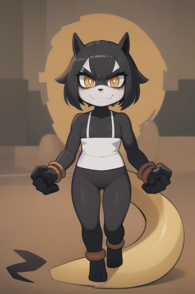 Original Character, (finely best quality illustration:1.1), (1girl, solo:1.1), (black short hair:1.1), (masterpiece, ultra high quality), (Blank background), (standing on two legs), (dog legs), (sneaking suit outfit), () (full body visible), (1girl), (solo), (female focus), (snake-dog hybrid girl), (Messy pixie cut with hair covering face), (big eyebrows), (angry eyes), (long furry and scaly tail) (Cute anime snake eyes), (limbless female body) Dog-Snake hybrid beastman, orange pupils, Black hair, Furry, (angry eyes), (furry and scaly body)