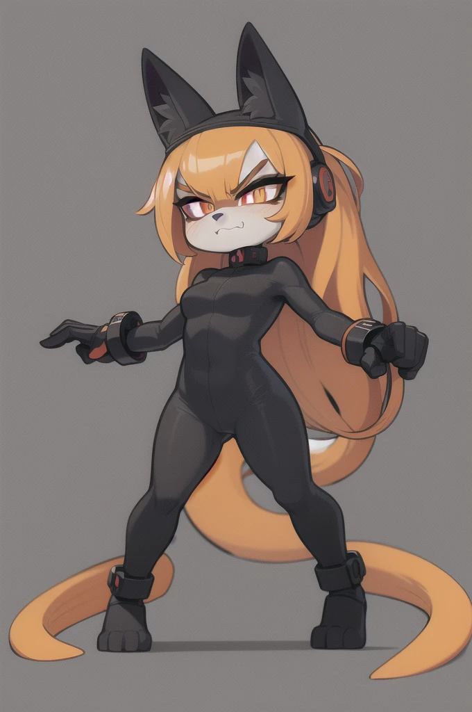 Original Character, (finely best quality illustration:1.1), (1girl, solo:1.1), (black short hair:1.1), (masterpiece, ultra high quality), (Blank background), (standing on two legs), (dog legs), (sneaking suit outfit), () (full body visible), (1girl), (solo), (female focus), (snake-dog hybrid girl), (Messy pixie cut with hair covering face), (big eyebrows), (angry eyes), (long furry and scaly tail) (Cute anime snake eyes), (limbless female body) Dog-Snake hybrid beastman, orange pupils, Black hair, Furry, (angry eyes), (furry and scaly body)