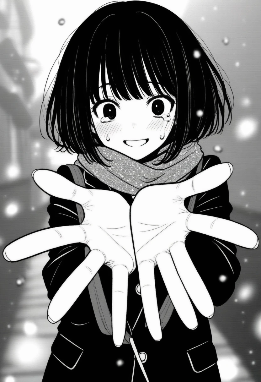 masterpiece, best quality, 1girl, mamerakkkkko, grayscale, manga style, japanese, chi no wadachi, black eyes, street, iced, black hair, schoolbag, smile, lineart, black coat, black scarf, black pleated skirt, leggins, centered, 18 years old, tall, fair skinned, bokeh background, crying, tears, tears streaming, bob cut, light particles, centered, snowing, (((reaching_towards_viewer)))
