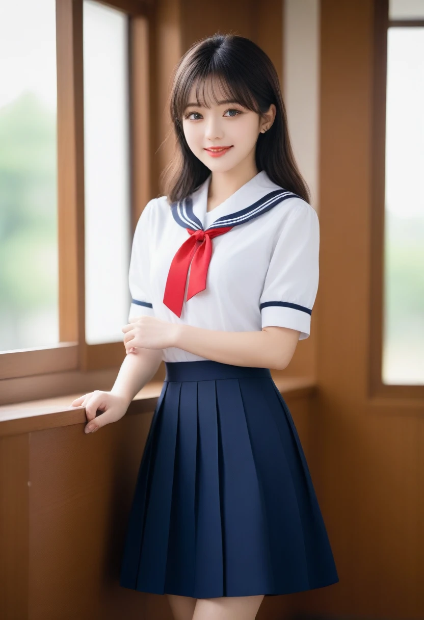 8K, Ultra-high resolution, Highest quality, masterpiece, 三分割法によるphotograph,Surreal, photograph, 1 girl, (16 years old:1.3), pretty girl, Cute face, Beautiful eyes in every detail, 細かくdetailedに,masterpiece,, One Girl:1.2, Japan Female Announcer,whole body、Black Hair、well-groomed eyebrows、Cute Lip Makeup、Calm atmosphere、A short-sleeved shiny dark sailor suit、White sailor collar、Navy blue pleated skirt、Red ribbon、White Stockings、Standing by the window of a classroom、Cute gestures、so beautiful,A carefree smile,Healing the heart,blunt bangs,Looking at the audience、beauty,Long neck、Laugh a little、Please close your mouth and laugh、(((Ideal body type))),A-cup small breasts :2,、Portraiture:2、Perfect Anatomy、鮮明なdetailed、detailed、Surreal、Light and shadow,Strong light