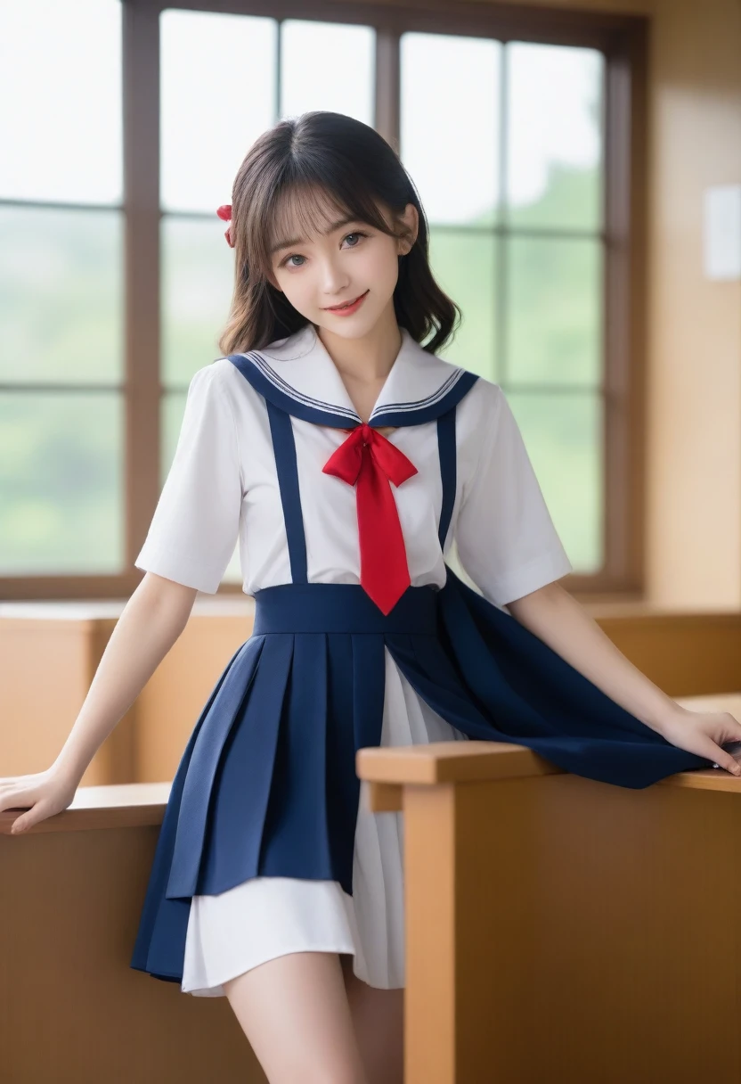 8K, Ultra-high resolution, Highest quality, masterpiece, 三分割法によるphotograph,Surreal, photograph, 1 girl, (16 years old:1.3), pretty girl, Cute face, Beautiful eyes in every detail, 細かくdetailedに,masterpiece,, One Girl:1.2, Japan Female Announcer,whole body、Black Hair、well-groomed eyebrows、Cute Lip Makeup、Calm atmosphere、A short-sleeved shiny dark sailor suit、White sailor collar、Navy blue pleated skirt、Red ribbon、White Stockings、Standing by the window of a classroom、Cute gestures、so beautiful,A carefree smile,Healing the heart,blunt bangs,Looking at the audience、beauty,Long neck、Laugh a little、Please close your mouth and laugh、(((Ideal body type))),A-cup small breasts :2,、Portraiture:2、Perfect Anatomy、鮮明なdetailed、detailed、Surreal、Light and shadow,Strong light