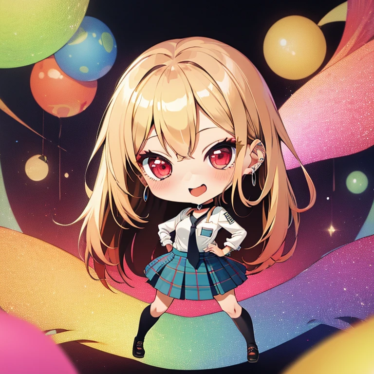 (chibi:1.5), full body, (masterpiece), highest quality, kitagawa marin, 1girl, blonde hair, long hair, multicolored hair, red eyes, jewelry, earrings, piercing, white shirt, tied shirt, black choker, blue necktie, plaid skirt