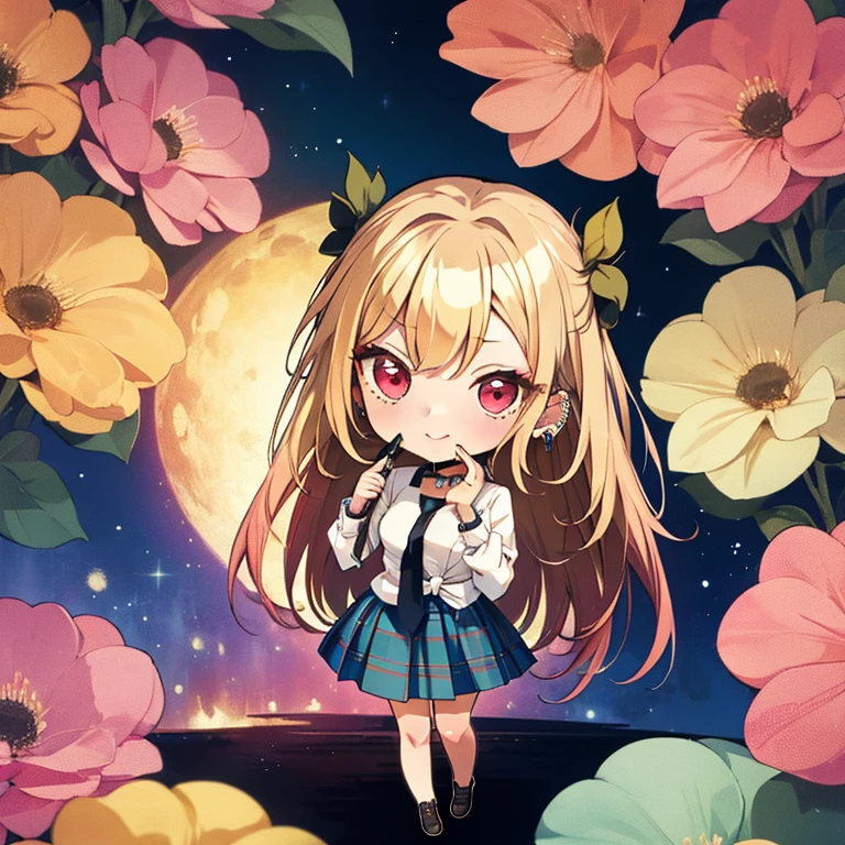 (chibi:1.5), full body, (masterpiece), highest quality, kitagawa marin, 1girl, blonde hair, long hair, multicolored hair, red eyes, jewelry, earrings, piercing, white shirt, tied shirt, black choker, blue necktie, plaid skirt