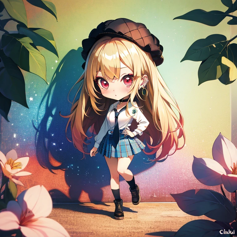 (chibi:1.5), full body, (masterpiece), highest quality, kitagawa marin, 1girl, blonde hair, long hair, multicolored hair, red eyes, jewelry, earrings, piercing, white shirt, tied shirt, black choker, blue necktie, plaid skirt
