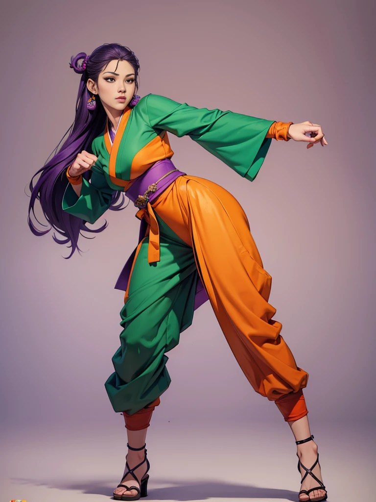 ((best quality)), ((4k)), ((highres)), ((masterpiece:1.2)). ((detailed)), ((ultra realistic)), ((intricate details)), ((full body picture)), ((character design sheet)), ((blank background)), ((standing in a blank background)), a full body shot of a beautiful martial arts korean goddess, martial arts korean goddess, martial arts goddess, fantasy female fighter, fighting game character, full body concept art, character design, gorgeous female matial artist, she's dressed in a purple, green and orange outfit, ((purple, green and orange outfit)), ((multi-colored outfit)), her outfit is a mixture of tradicional and modern day korean garments.