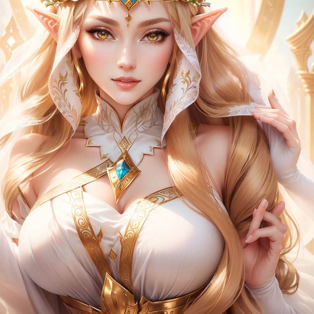 Close-up of a woman in a white dress with a crown on her head standing in the middle of the screen, beautiful and elegant Elf Queen, alluring Elf Princess knight, She has elven ears and golden eyes, portrait of an Elf Queen, an Elf Queen, Elf Princess, Elf Queen, Detailed fantasy art, Anime Goddess, Elf Princess, beautiful Elf Princess, Beautiful Fantasy Empress
