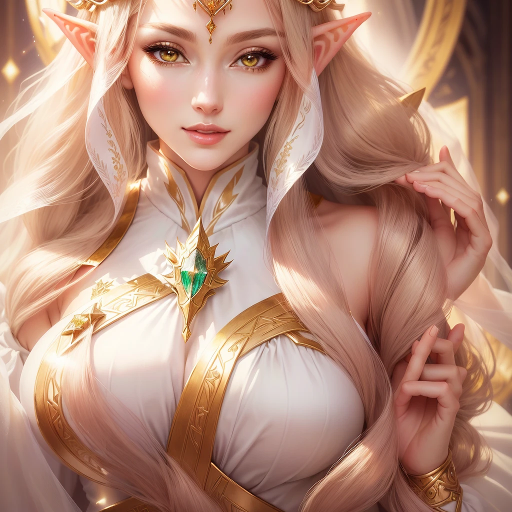 Close-up of a woman in a white dress with a crown on her head standing in the middle of the screen, beautiful and elegant Elf Queen, alluring Elf Princess knight, She has elven ears and golden eyes, portrait of an Elf Queen, an Elf Queen, Elf Princess, Elf Queen, Detailed fantasy art, Anime Goddess, Elf Princess, beautiful Elf Princess, Beautiful Fantasy Empress